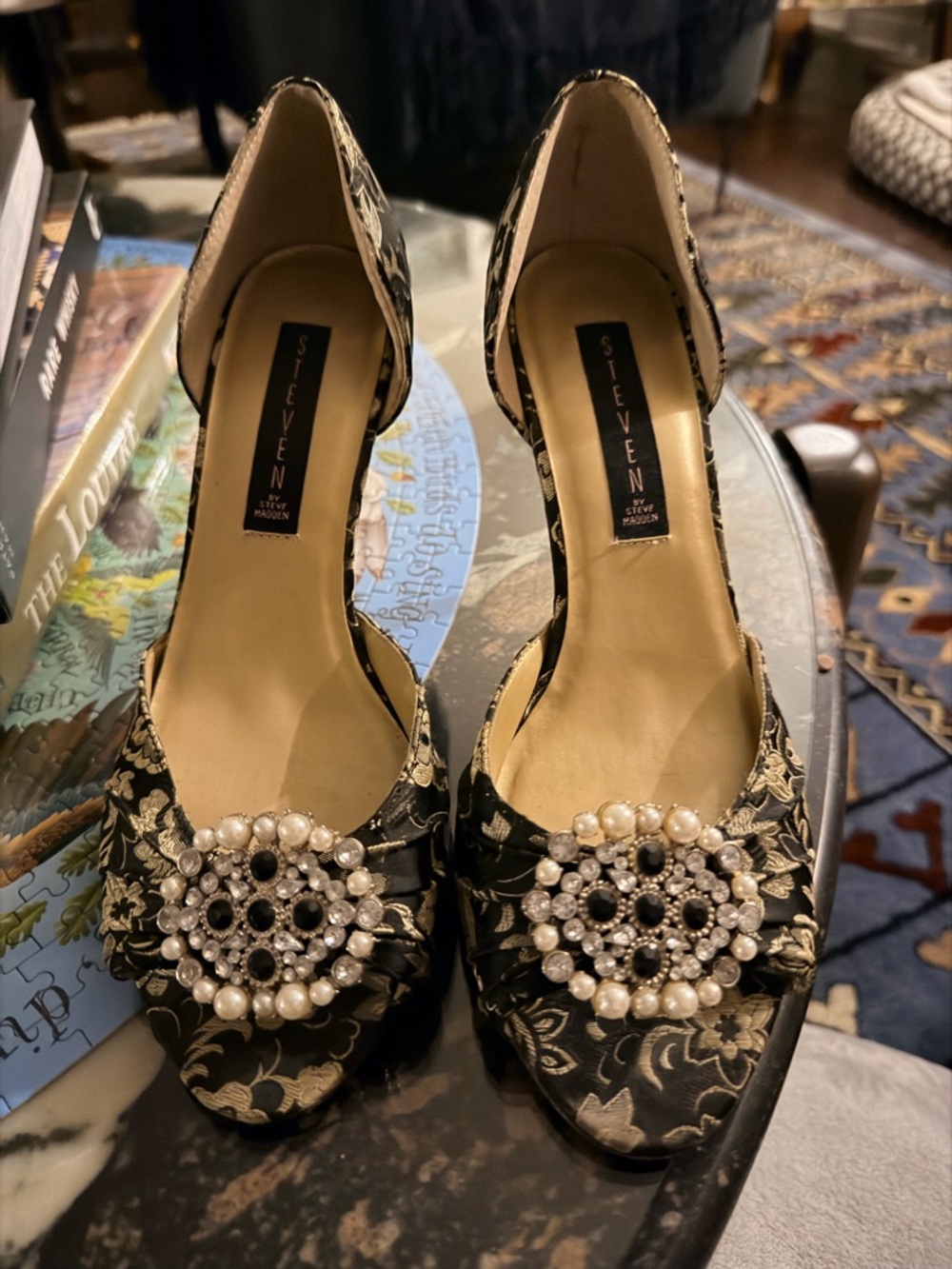 Steve Madden Black Floral Pearl & Crystal Brooch D'Orsay Heels